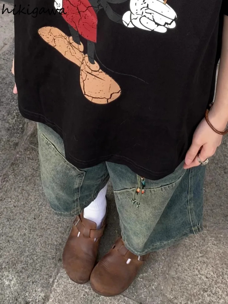 Streetwear BF Blue Jeans Women Vintage Summer Y2k Shorts Wide Leg Pants High Waist Straight Casual Denim Trousers Womens Pants 250604