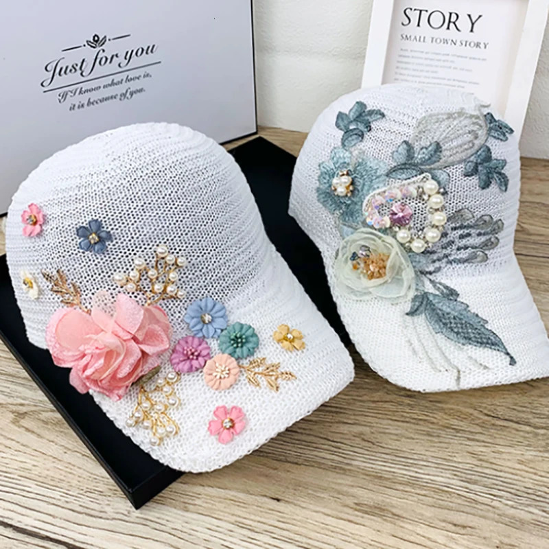 Womens Summer Rose Baseball Cap Fashion Rhinestone Pearl Cap Ladies Casual Breathable Visor Cap 250603