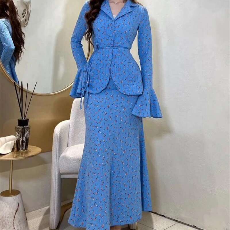 Women Dress Sets Small Floral Print Suits Long Petal Sleeve Loose High Waist Shirt Zipper Fly Skirt Elegant Two Piece Set