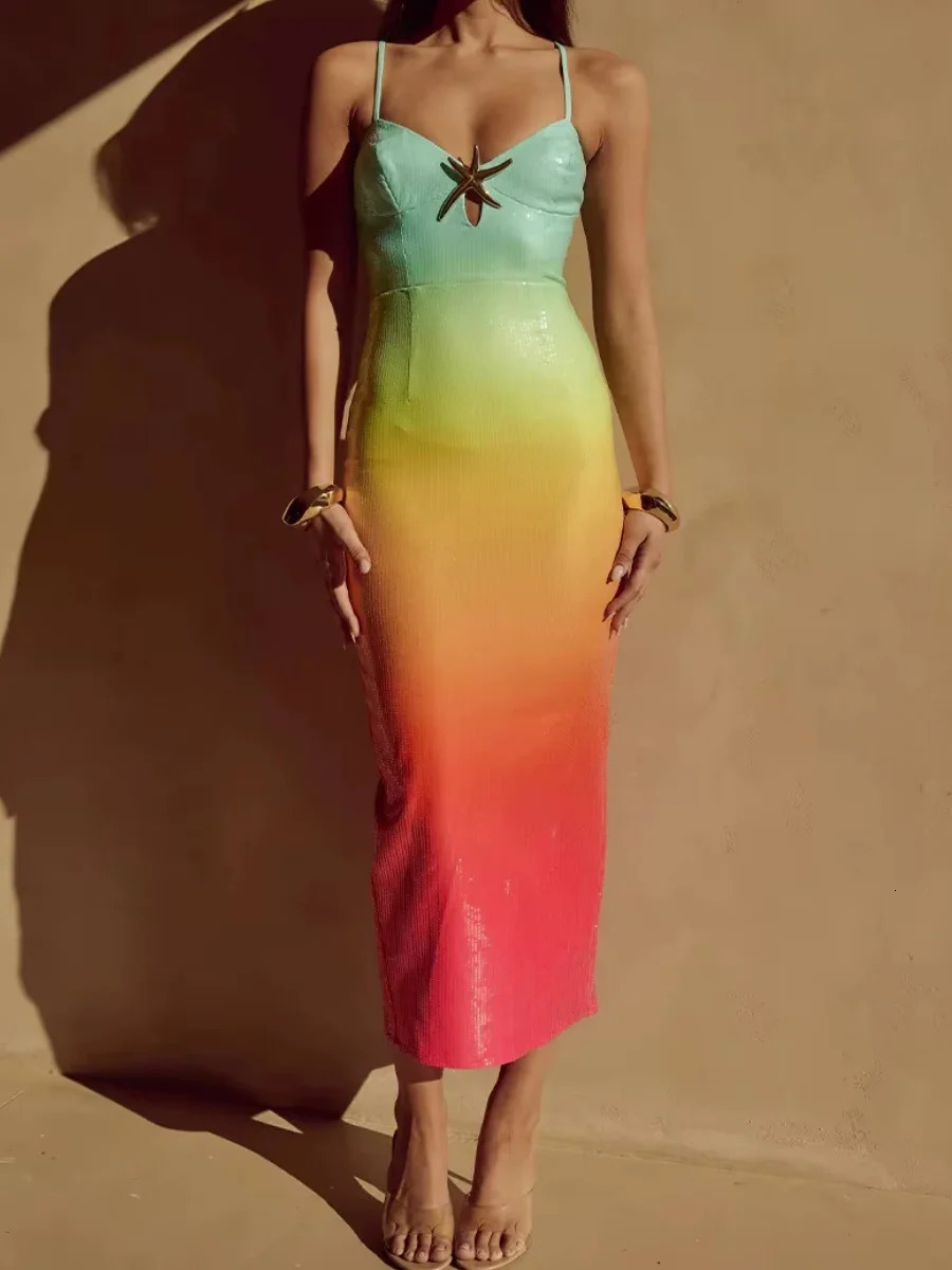Women Y2k Sequin Maxi Dress Fashion Gradient Print Backless Bodycon Long Dress Colorful Spaghetti Strap Beach Elegant Sundress 250604