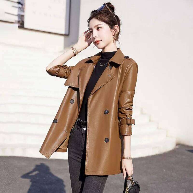Autumn Winter New Women Temperament Slim-Fit Leather Coat Female Mid-Length Versatile Solid Color Sheepskin Trench Outwear