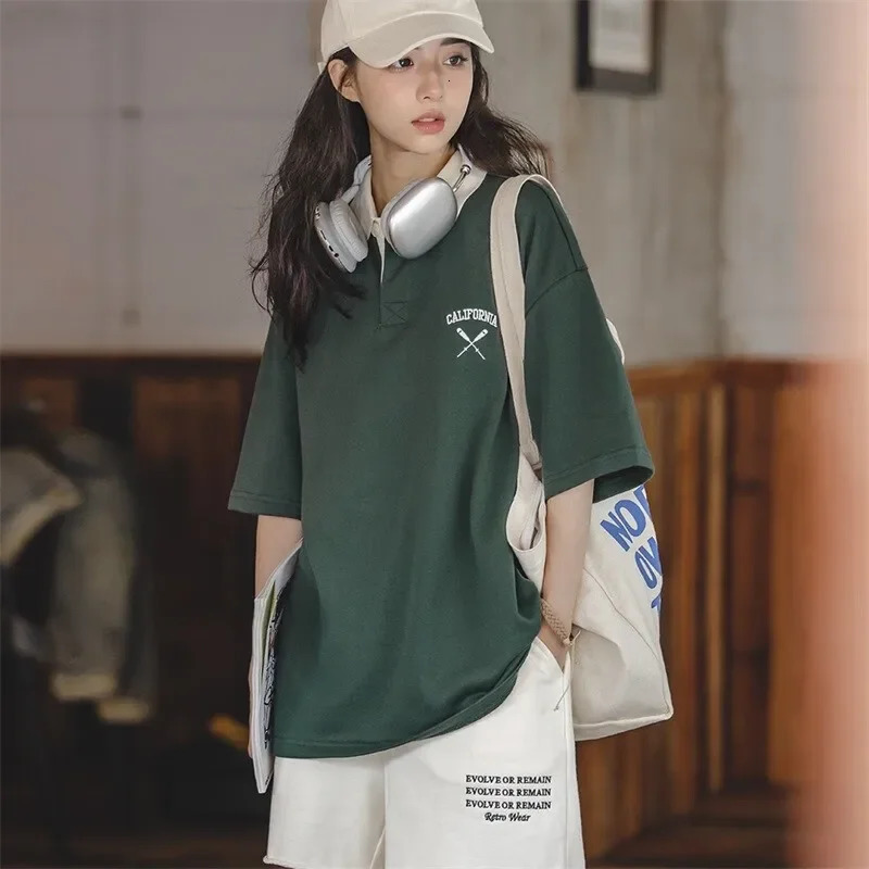 Maden Vintage Lapel College Short Sleeve Polo Shirts for Women Loose Knitted Big Size Golf Tee Summer Casual Cotton Tshirt 250604