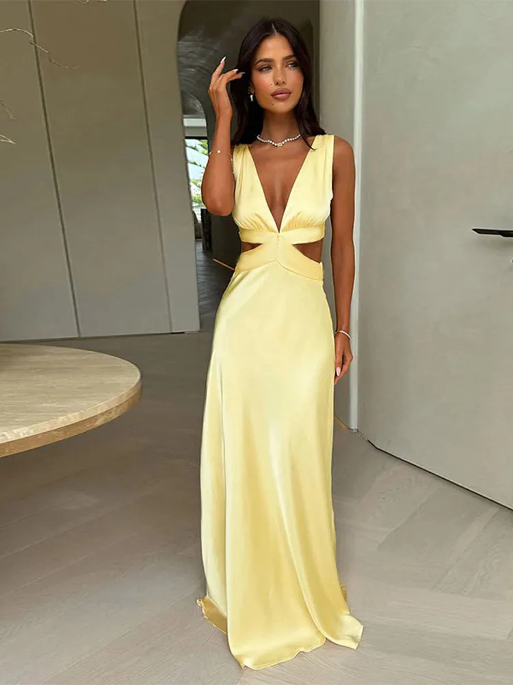 2025 Summer Women Yellow Stain Maxi Dresses Elegant Sling Backless Hollow Out V-neck Sleeveless Gown Beach Wedding Vacation Wear 250604