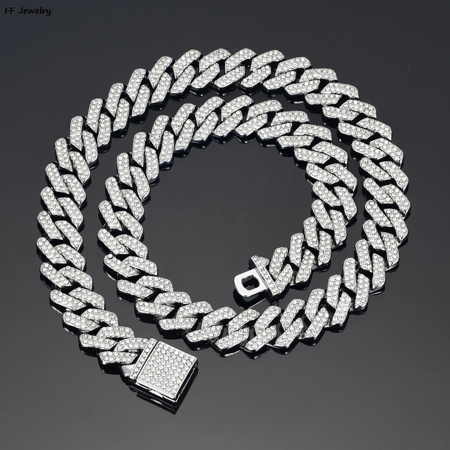 16/18/20/24inch Cuban Link Chain Hip Hop Iced Out Paris Chain 2 Row Rhinestone Paved Miami Rhombus Cuban Men Necklace 250530