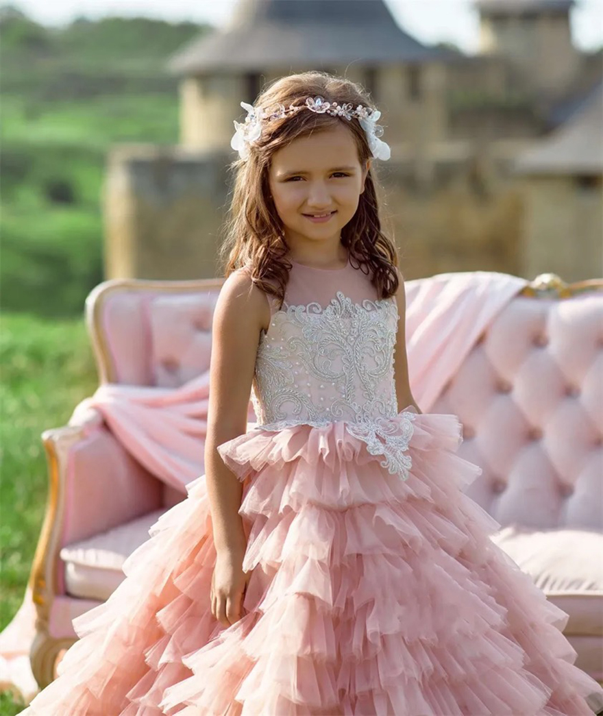 Blush Pink Flower Girls Dresses 2025 Ruffles Skirt Ballgown Long Train Little Girls Birthday Party Dress Sleeveless Lace Appliques Bodice