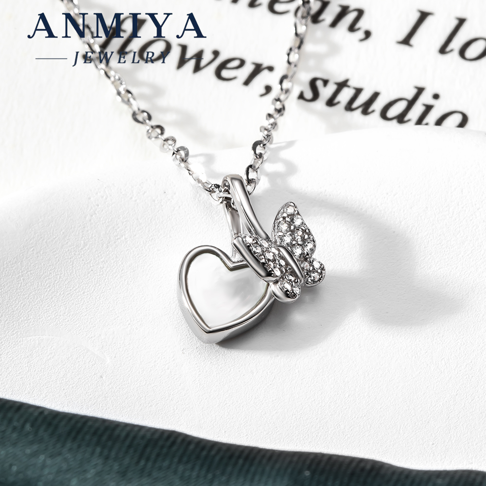 Gold Plated Silver Jewelry Dual Pendant Necklace: Heart and Butterfly with White Shell and Zircon, Luxury Necklace for Evening Events