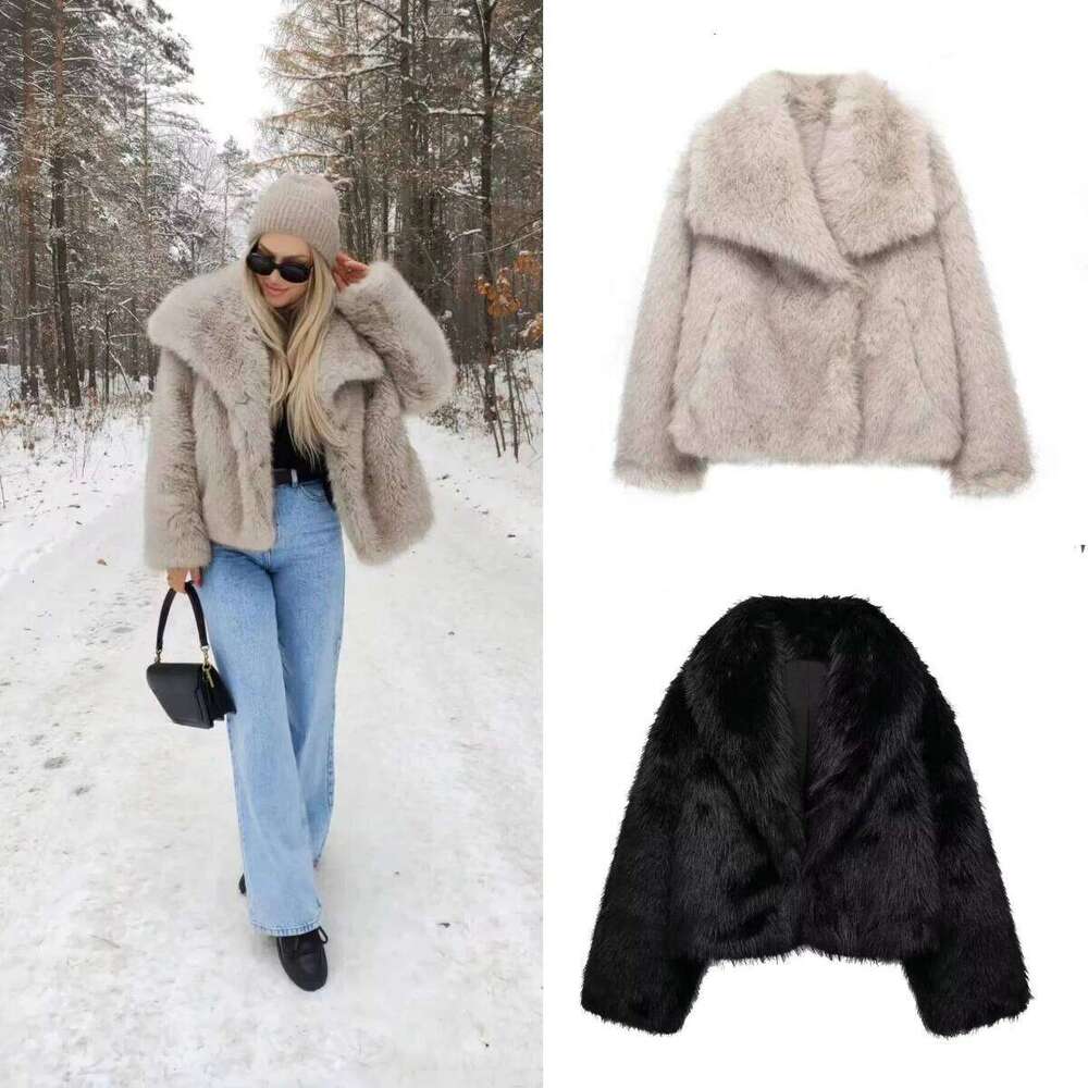 TRA&F 2024 Woman Autumn Winter Faux Fur Plush Fluffy Women's Jacket New in Outerwears Gray Black Wool Blends Women Coat