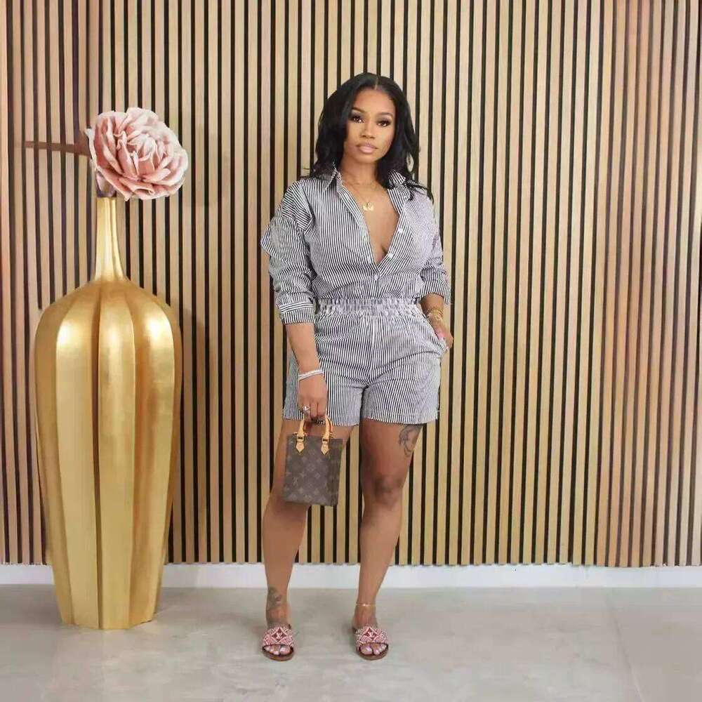 European Style Striped Print Shorts Summer Casual Two Pieces Clothes Set Matching Suit Outfits