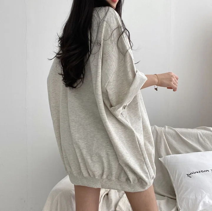 Hip Hop Short Sleeve Korea O Neck Oversized Cotton Summer Women Harajuku Letter Print Sweatshirts Gray Vintage Loose Fleece Tops 250604