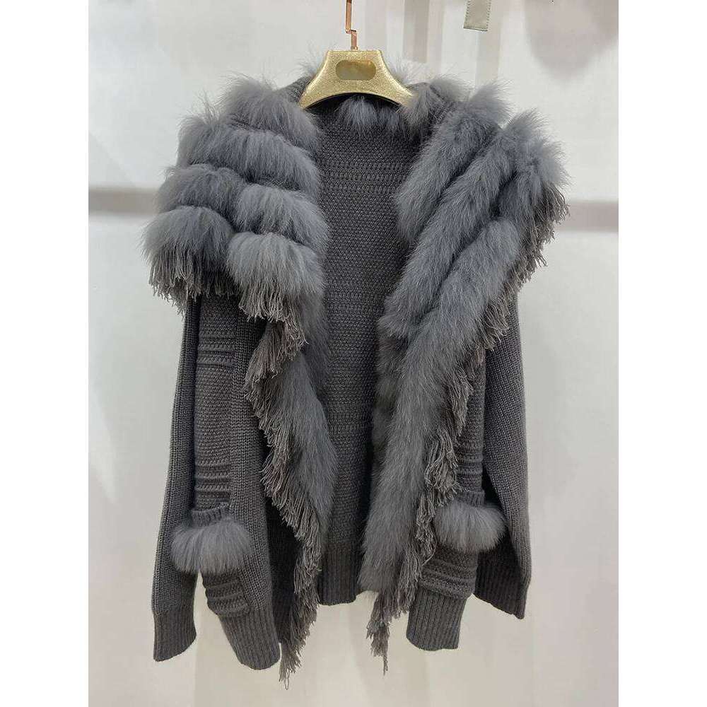Women Autumn Real Knitting Oversize Fox Fur Decoration Lady's Fashion Cardigan Sweater Coat