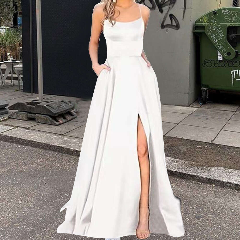 Solid color European and American long skirt slimming off-shoulder, fashionable bridesmaid group evening dress 2025 new casual versatile fashion cloth