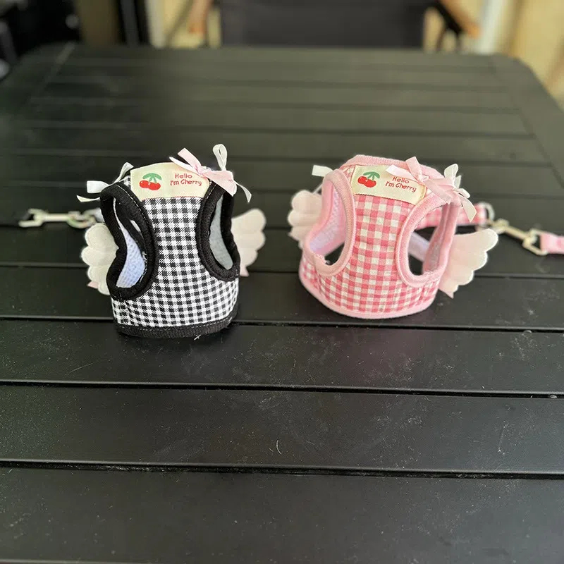 Cute Gingham Pet Harness Leash Set with Angel Wings for Small Dogs and Cats