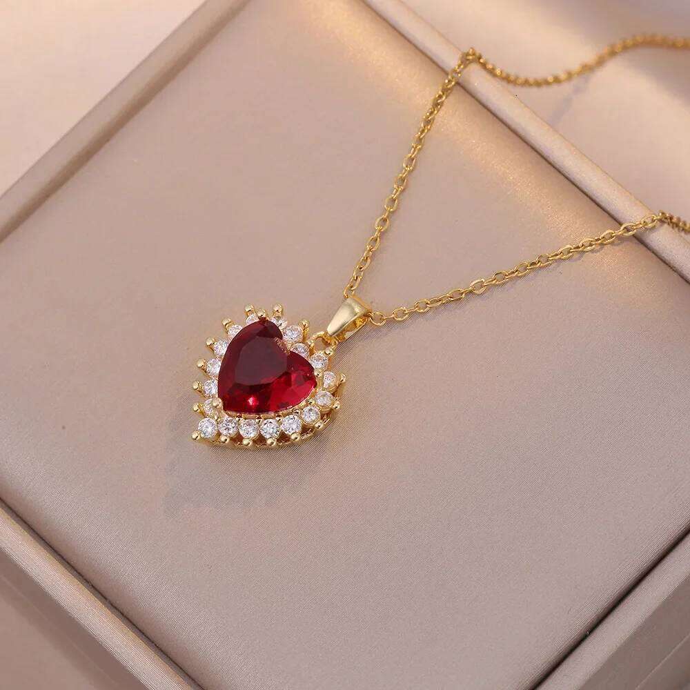 Sweet Romantic Love Studded With Zircon Ruby Earrings Ring Necklace Stainless Steel Accessories