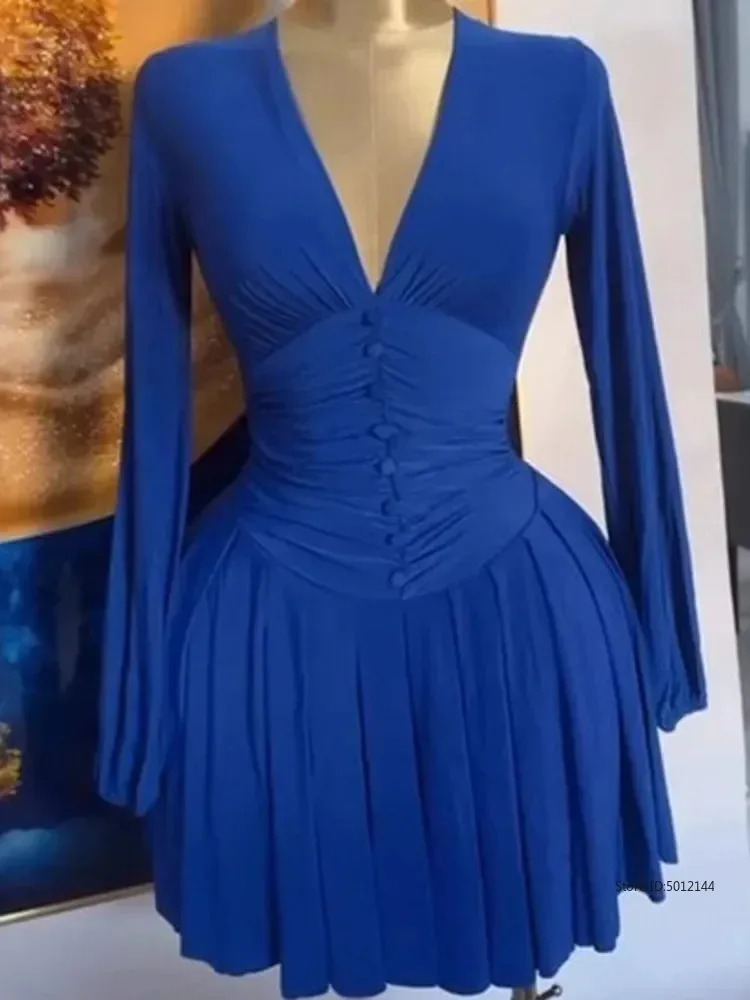 Womens Party Mini Dress Springsummer Latest Casual Sexy Plunge Ruched Lantern Sleeve Button Daily A Line Short Skirt 250604