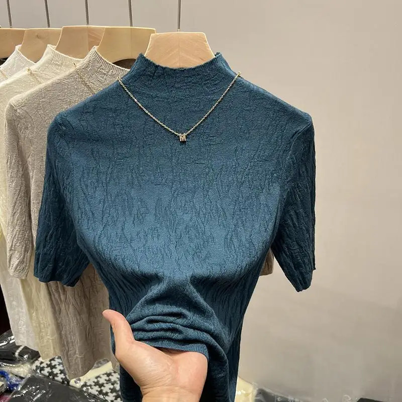 2025 Knitted Halfturtleneck Pullover Bottom Shirts Sweater Jumper Elegant Korean Fashion Short Sleeved Tops Knitwear 250530