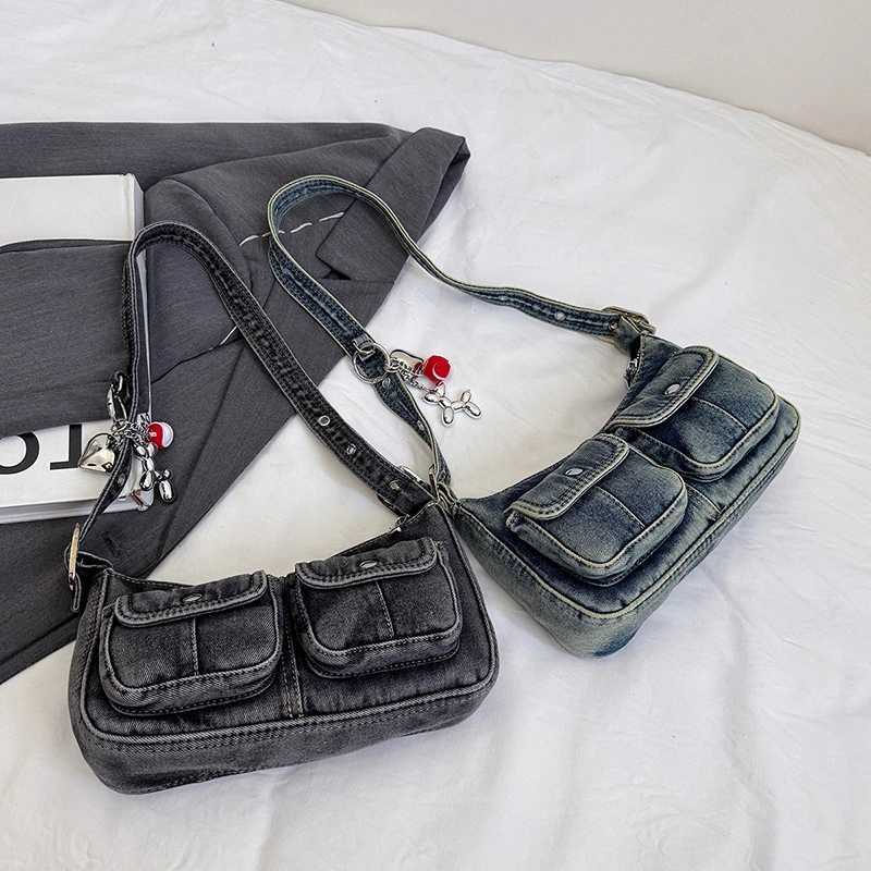 Double Pouch Design Underarm Shoulder Bag Women French Style Armpit Purse Designer Jeans Bag Vintage Denim Handbag Sling BagXJ250605