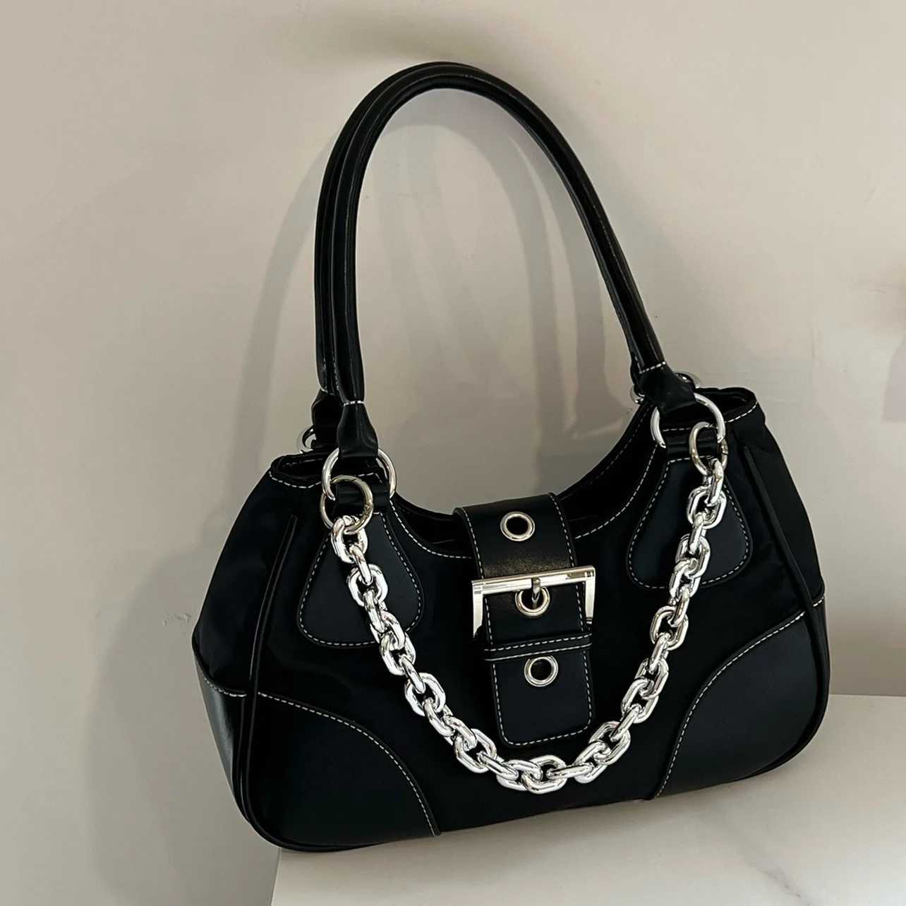 Inner y2k bag cool patent leather+ canvas underarm bag vintage women Metal Chain shoulder bag for female totes XJ250605