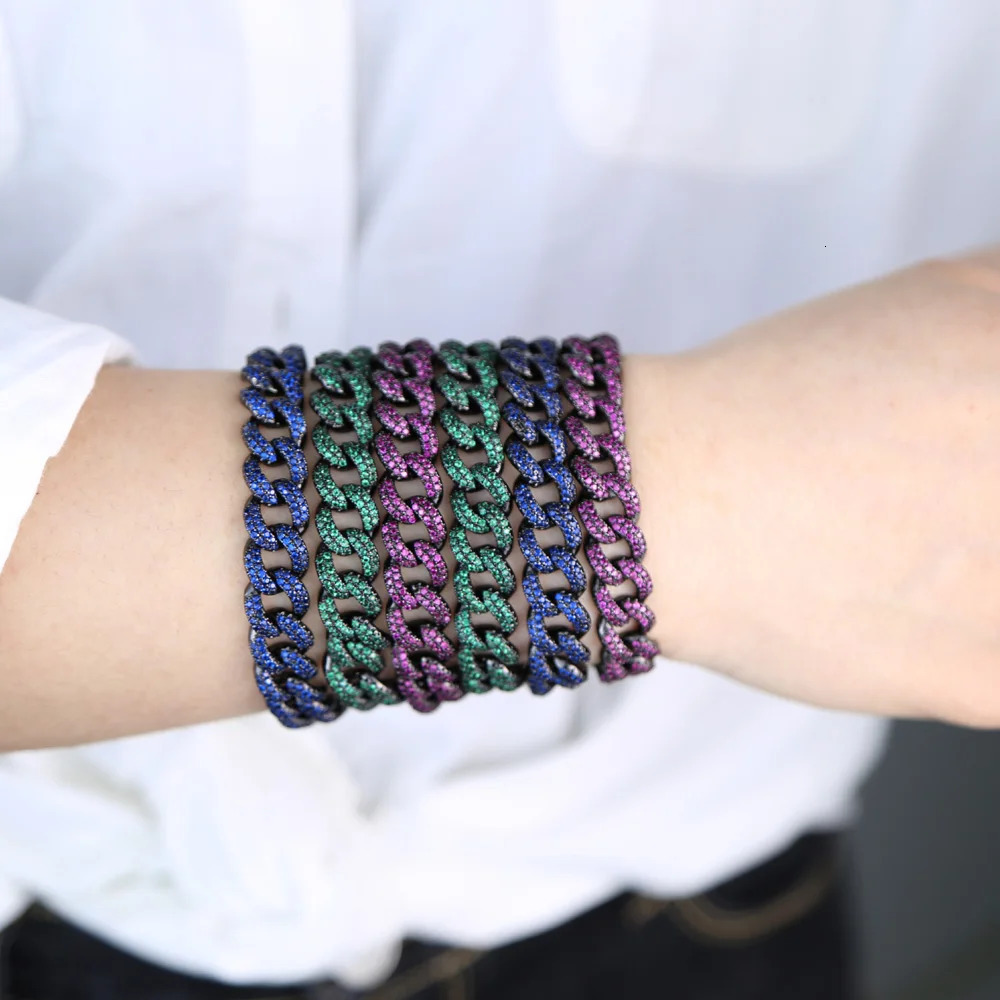 high quality Micro pave 5A cubic zirconia cz iced out bling 10mm colorful cuban link chain bracelet for women 250530