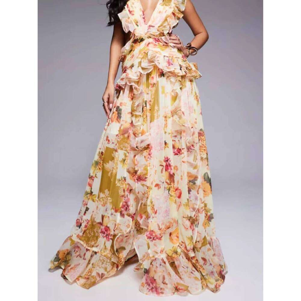 Runway Style Maxi Dresses For Women V Neck Sleeveless High Waist Patchwork Ruffles Edge French Sexy Printed Dress Female New