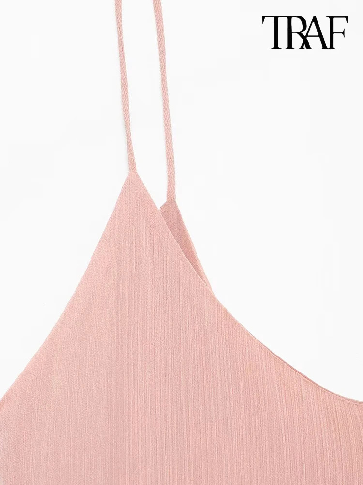 TRAF Womens Fashion Elegant Pink Stacked Embellished Halter Dress Sexy Slim VNeck Sleeveless Back Zipper Short Dresses 250604