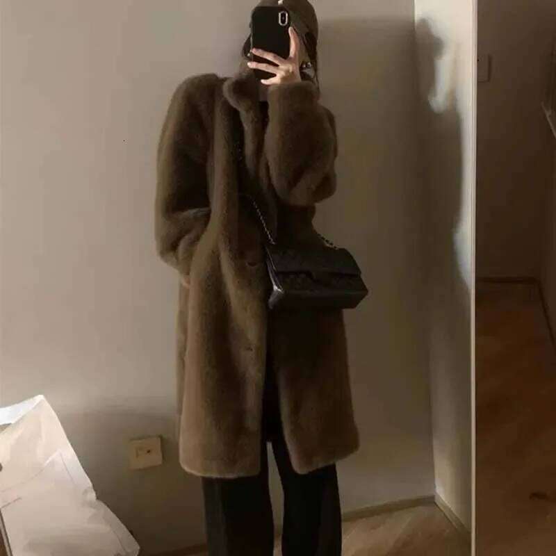 Ladies Fashion Stand Collar Mink Plush Outwear Women Leisure Sleeves Thicken Coat Winter Female Long Faux Fur Jacket