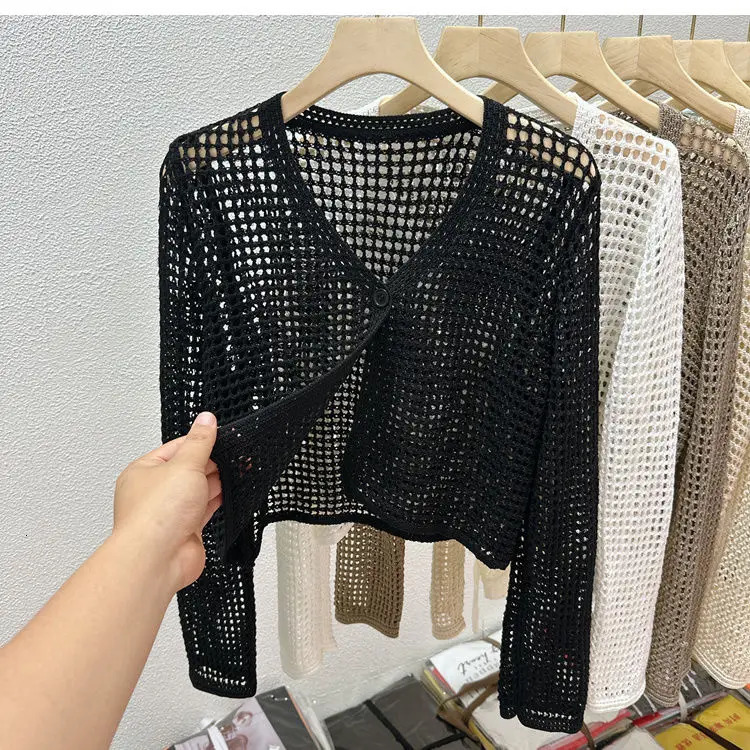 Hollow Mesh Ice Silk Sunscreen Jacket for Womens Summer Long Sleeved Outerwear with Small Shawl Knitted Cardigan 250530