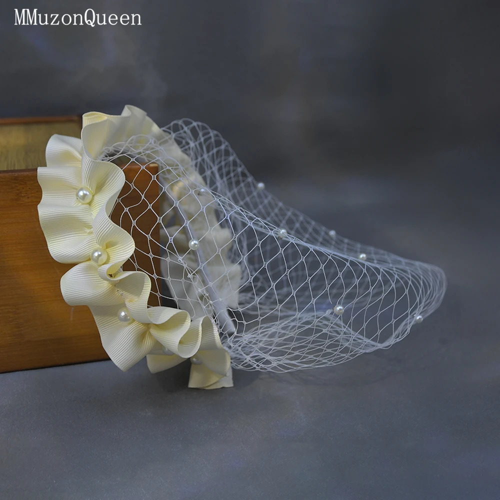MMQ Women Veil Fishbone Line With Headband Pearl Bridal Hair Accessories Vintage Po Accessory MA11 250530