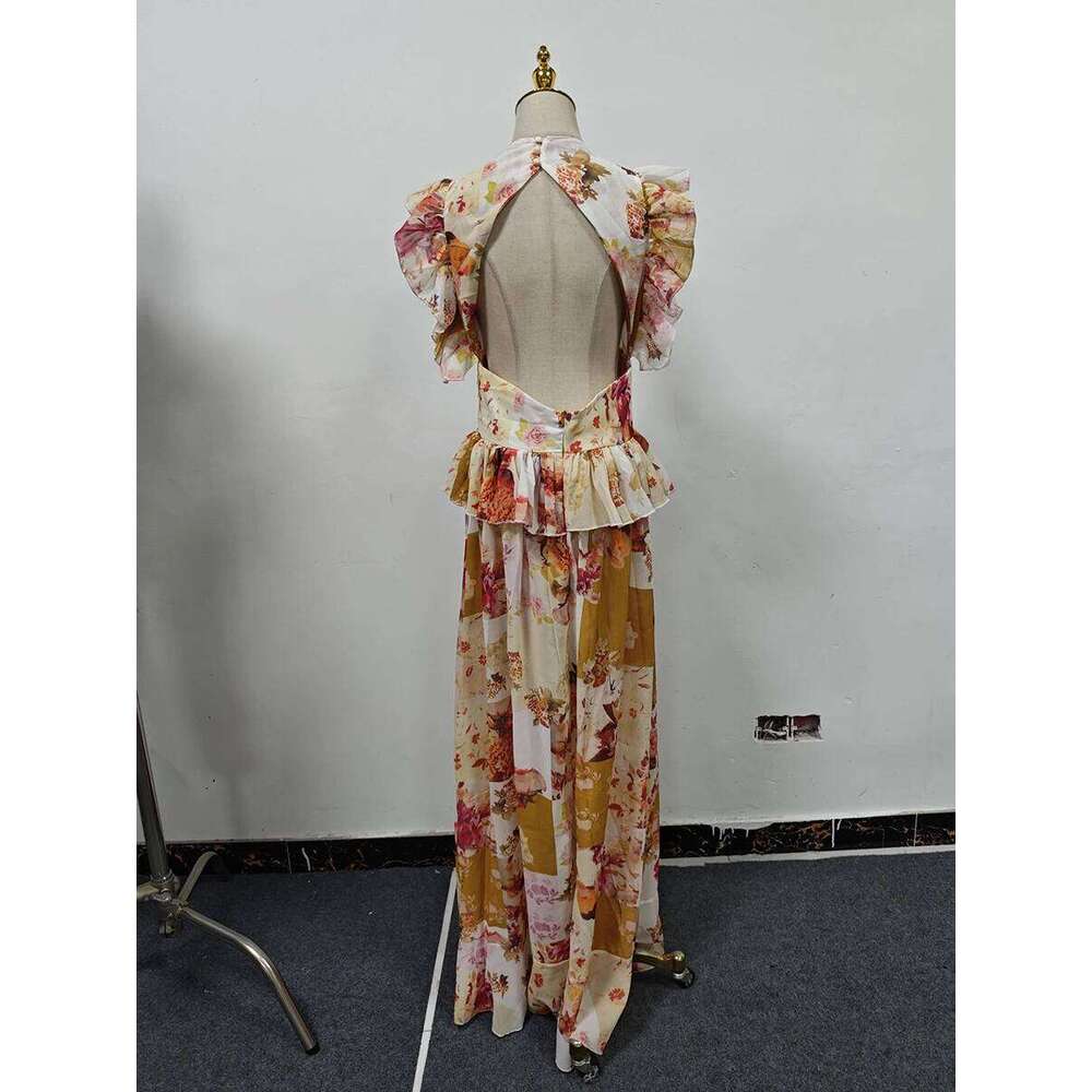 Runway Style Maxi Dresses For Women V Neck Sleeveless High Waist Patchwork Ruffles Edge French Sexy Printed Dress Female New