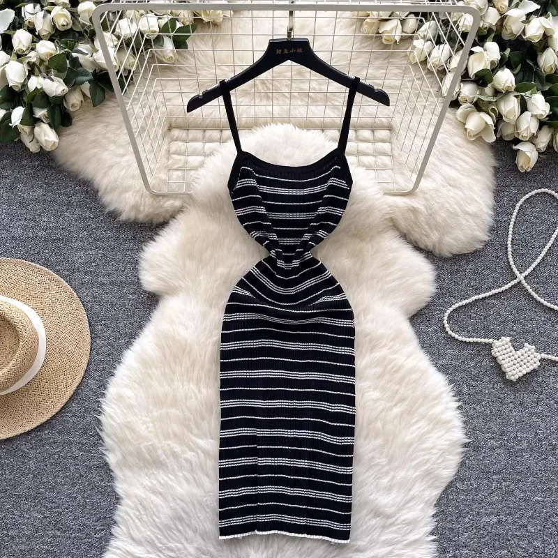 Chic Korean Summer Dresses for Women Vintage Striped Spaghetti Strap Femme Bodycon Knit Sweater Dress Vestidos De Mujer 250604