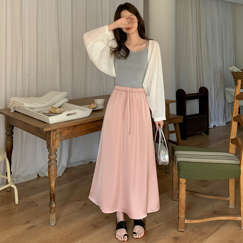 MUU3180 Large Swing Skirt Acetate Satin Skirt Women 2025 Summer New Breathable High Waist Lace-up