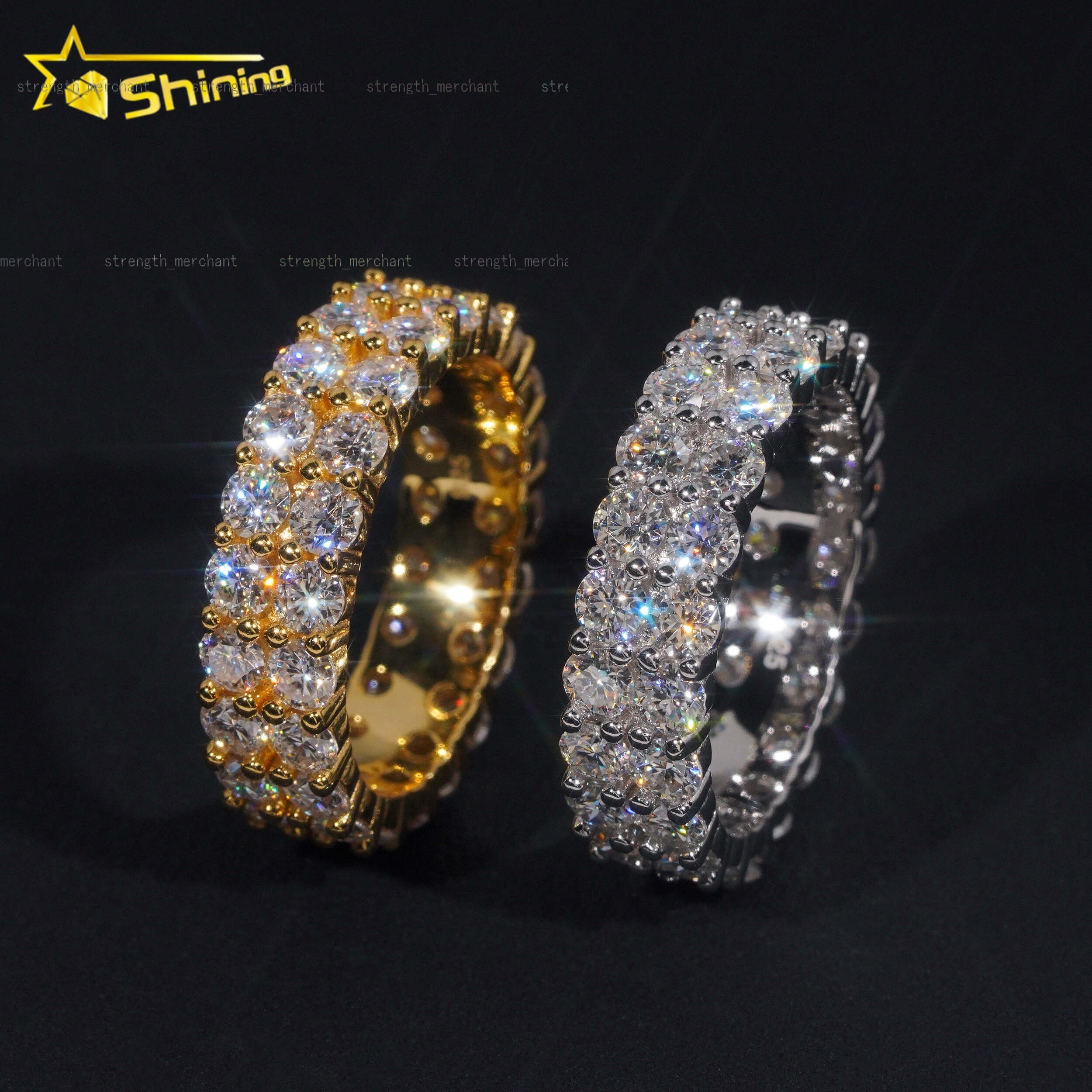 Fine Jewelry GRA Solid 925 Sterling Silver Gold Plated Iced Out Diamond Moissanite Fully Iced Double Rows Wedding Band Ring