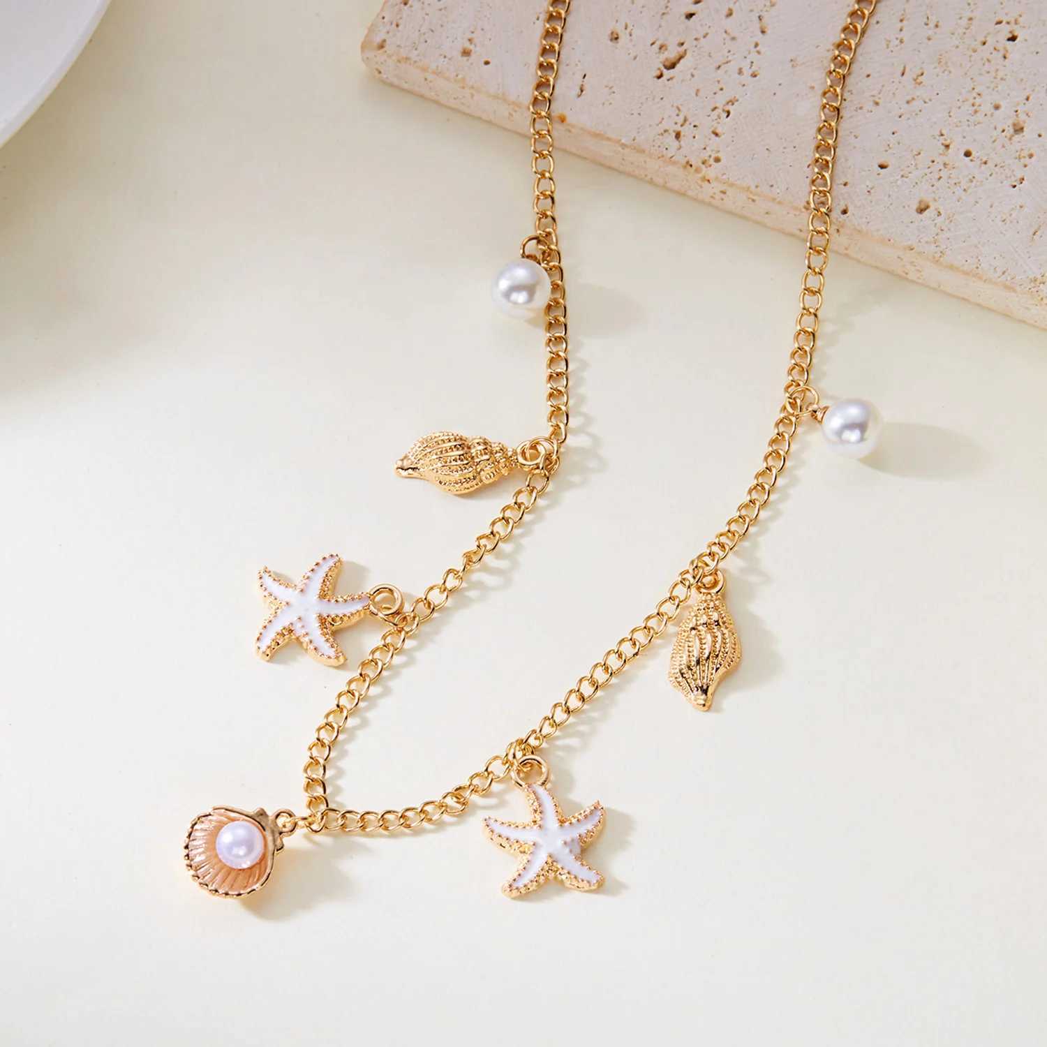 Bohemian Starfish Shell Conch Turtle Pendant Necklace for Women Imitation Pearl Charm Chain Necklace Beach Jewelry Vacation Gift XJ250604