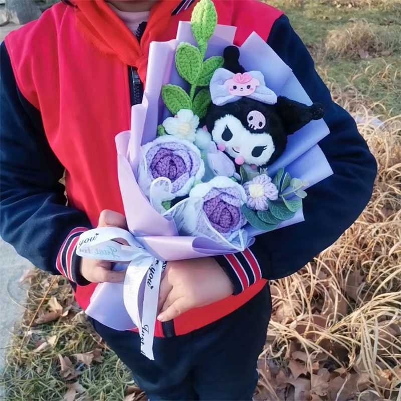 Graduation gift Kuromi Hello Kitty Kuromi Cinnamoroll Plush Bouquet Handmade Knitting Rose Gift Mothers Day Girl Friend Giftsw250605