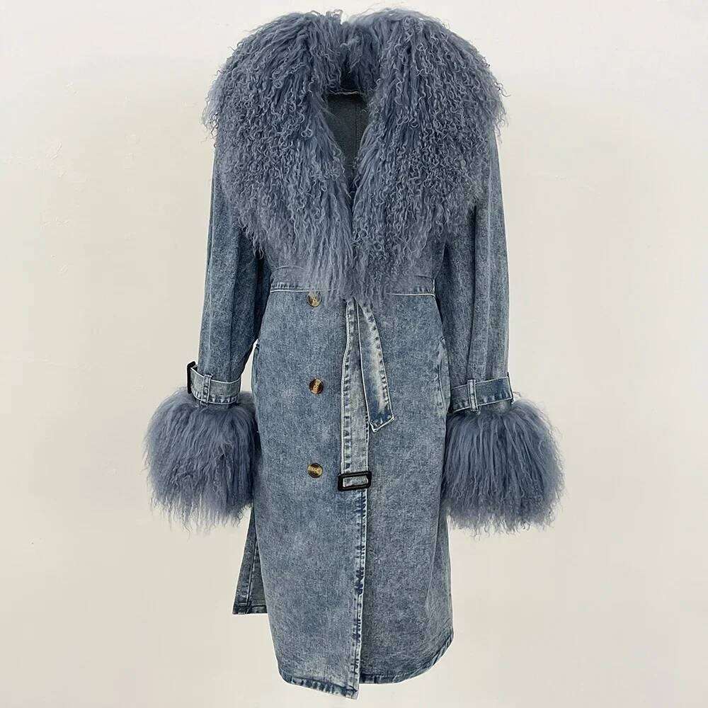 OFTBUY Fashion Mongolian Lady Spring Autumn Denim Jacket Long Trench Detachable Collar Fur Coat