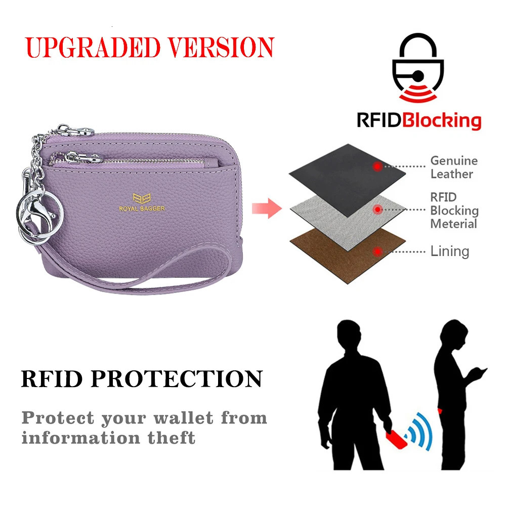 Royal Bagger RFID Coin Purse with Keychain Genuine Leather Multi Zipper Clutch Wallet Portable Wristlet Card Holder 250605