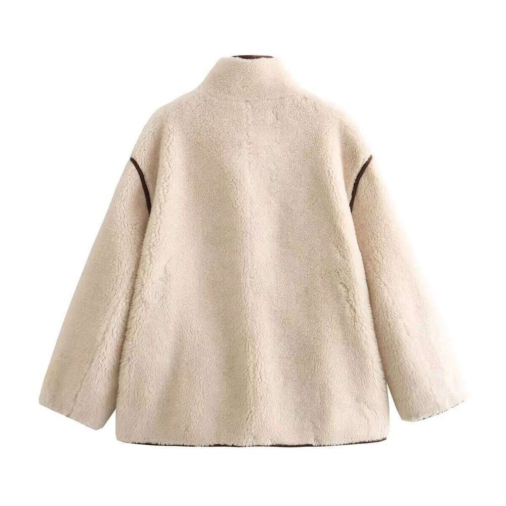 New Fashion Thick Warm Loose Single Breasted Stand Neck Fleece Retro Long Sleeve Side Pocket Women's Coat Chic Top