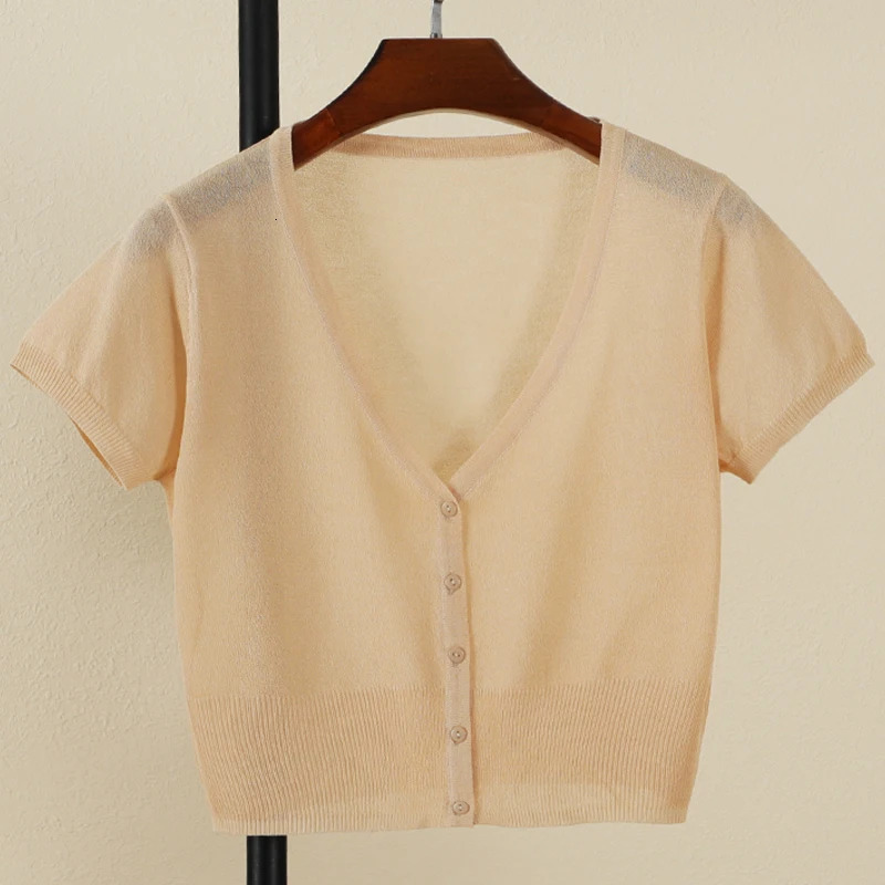 Outerwear Jerseys Summer Cardigan Women Cropped Blouses Korean Fashion Style Cute Vneck Womens Coat Black Bolero Woman Basic 250530