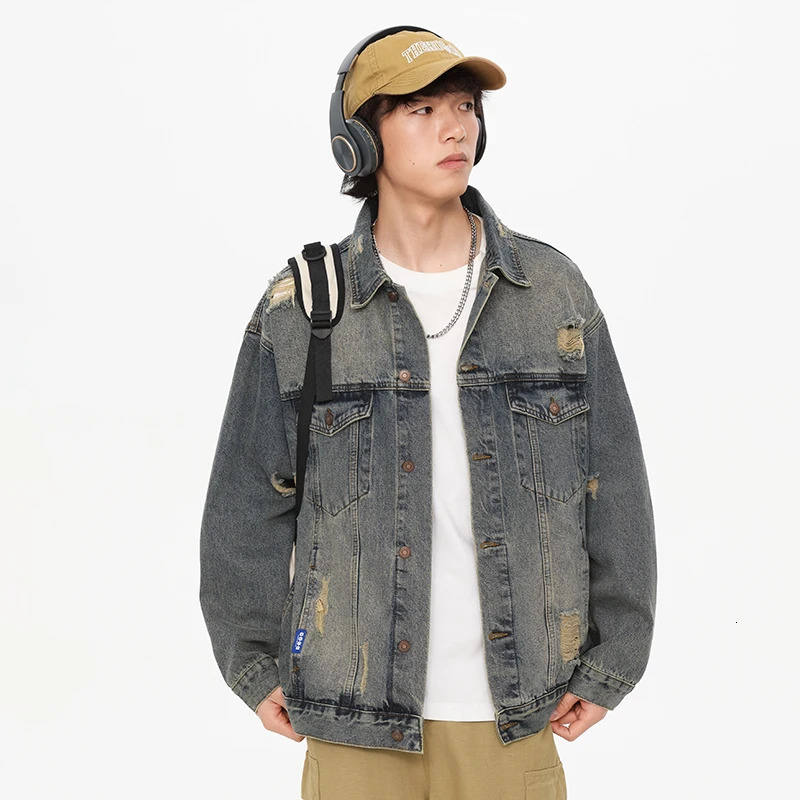 Spring Autumn Mens Streetwear Trendy Fashion Plus Size Loose Casual Vintage Ripped Denim Motorcycle Jacket Jeans Coat 250529