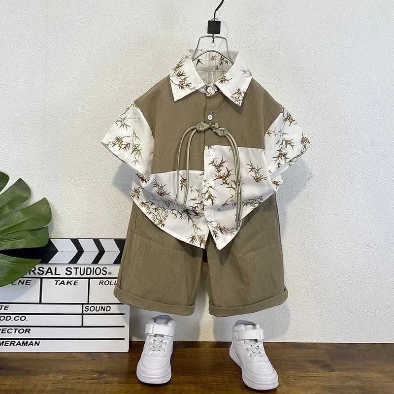 Boys Summer Clothing Set New Fashionable Baby Short sleeved Shirt Childrens Thin Han Clothing Chinese Style Tang Clothing R250605