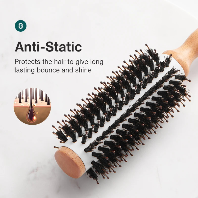 MR.GREEN Boar Bristles Hair Brush Round Styling Curling Roll Hairbrush Natural Wooden Detangling Comb for Long Curly Or Any Type 250603