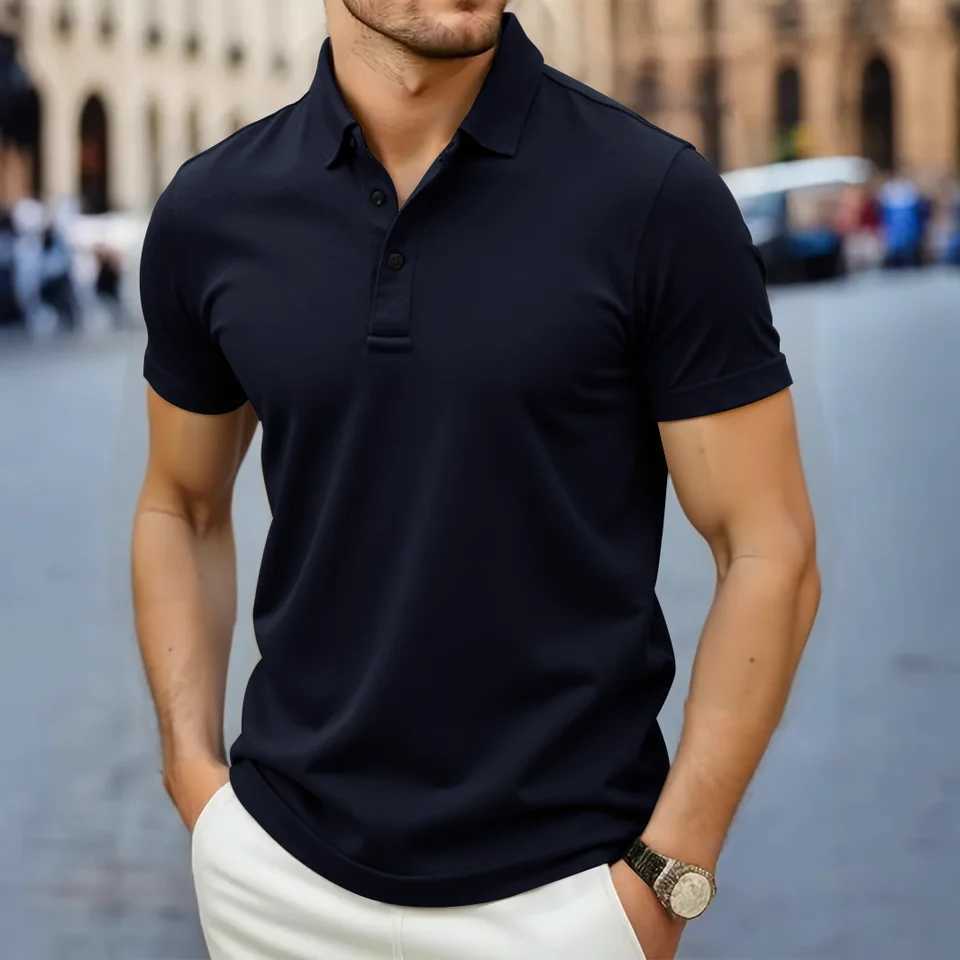 New Mens Business Casual Short Sleeve Shirt Solid Color Polo Shirt Fashionable Breathable Comfortable Versatile Top XJ250605