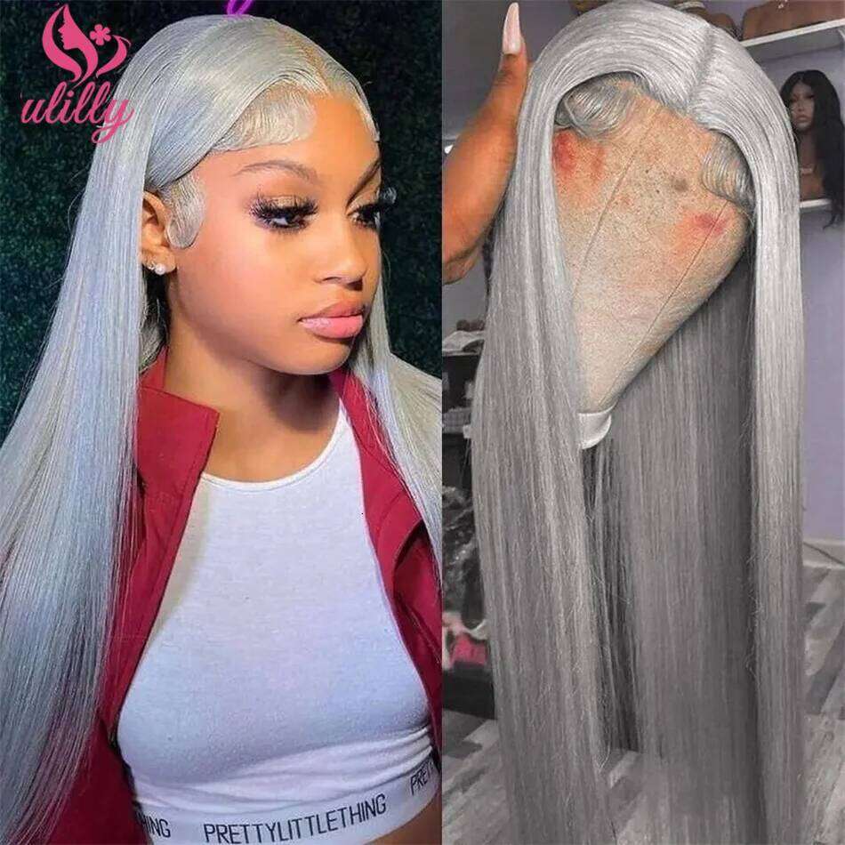HD 13x6 Sliver Grey Front Colored Wigs ASH Blonde Gray Straight Lace Frontal Wig 100% Human Hair Pre Plucked