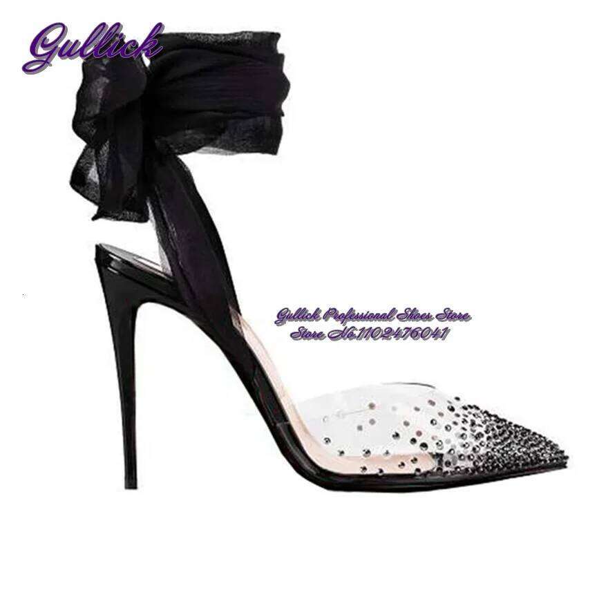 Gullick Red White Black Mesh Butterfly-Knot Lace-Up Wedding Shoes Clear PVC Crystal Pointed Toe Dress Pumps Glittering Slingback