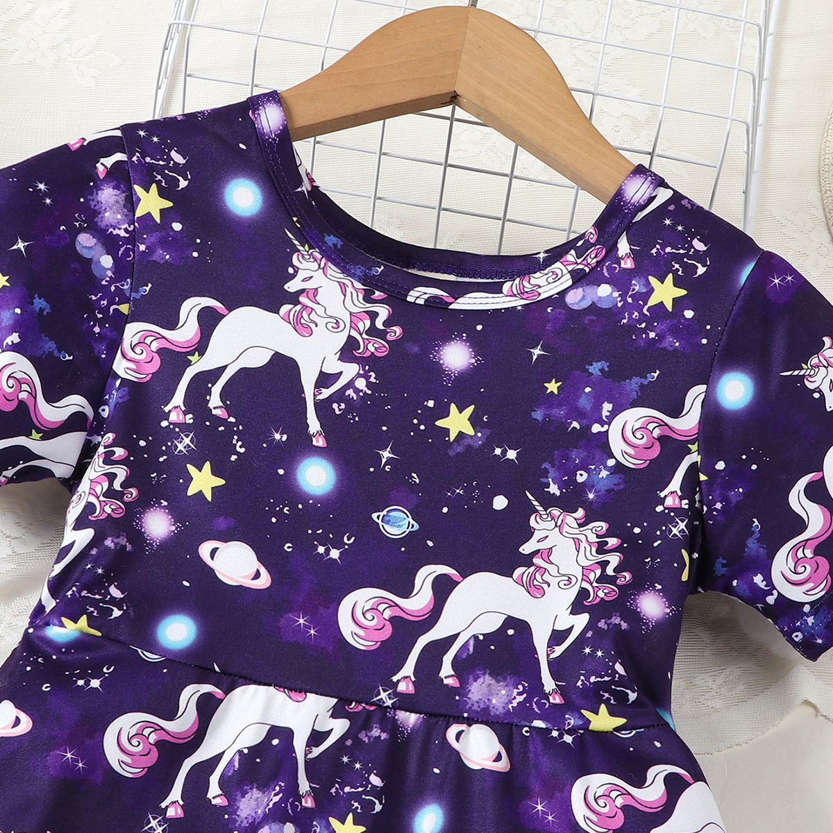 Summer Girl Cute Exclusive Beast Starry Sky Purple Full Print Round Neck Short Sleeve Waist Casual Dress for Baby Girls Cute Casual Fashion Dress Rand