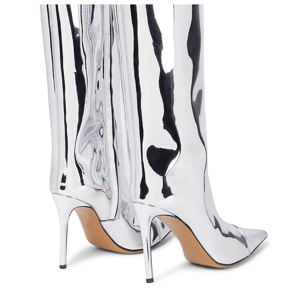 Arqa Metallic Boots for Women Pointed Toe High Stiletto Heel Knee High Boot Fashion Chrome Zipper Boot Dressy Party Shoes