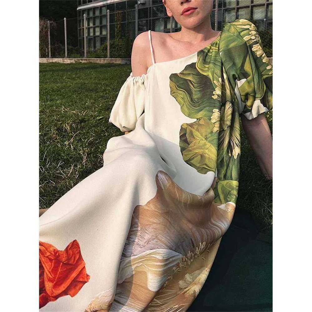 Women Elegant Floral Printed Evening Banquet Maxi Dresses 2025 New Summer Puff Sleeves One-Shoulder Party Prom Long Dress