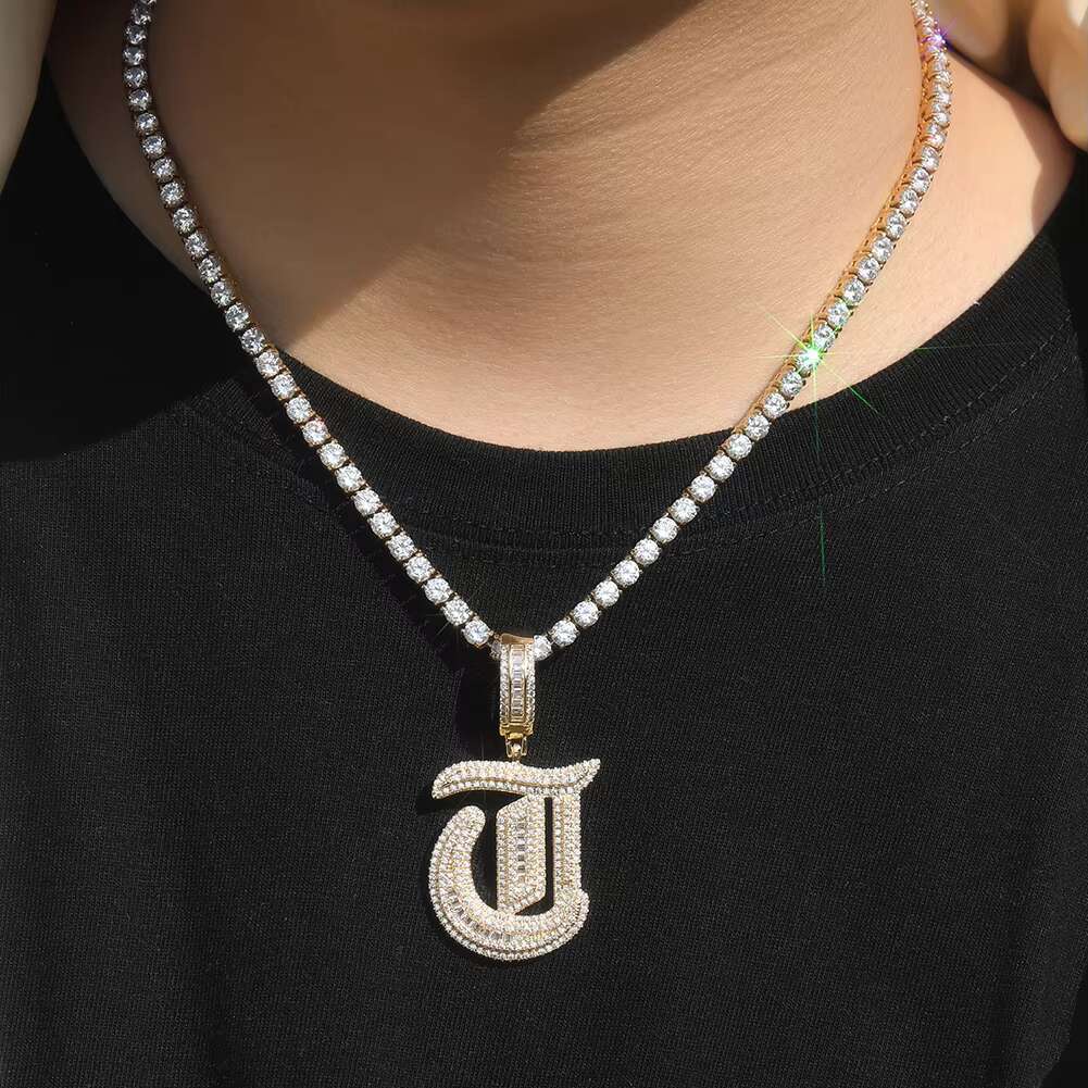 Iced Out A-Z Letter Pendant Large Ancient English Letter Necklace Baguette Single Name Pendant Hot Sales Jewelry