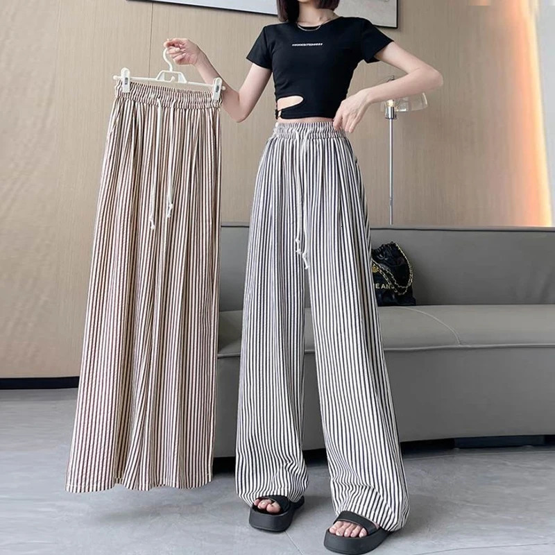 Vertical Stripe Drawstring High Waisted Straight Wide Leg Long Pants Clothes Vintage Casual Women Summer Trousers OL Trend 250604