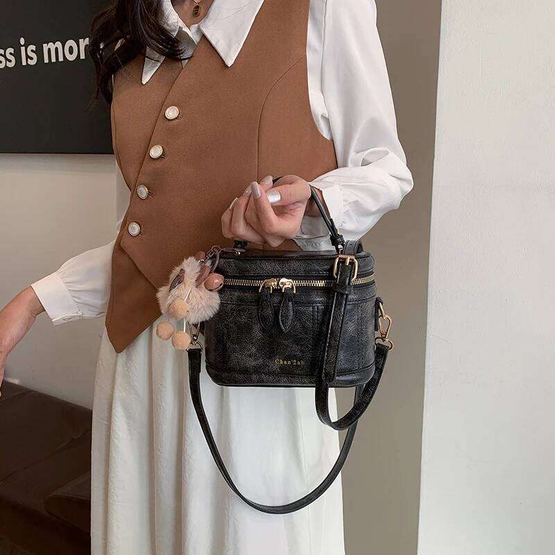 Women Crossbody Retro Pu Leather Phone Square Box Bag Versatile Zipper Mini Bucket Fashion Texture Top Handle Handbag
