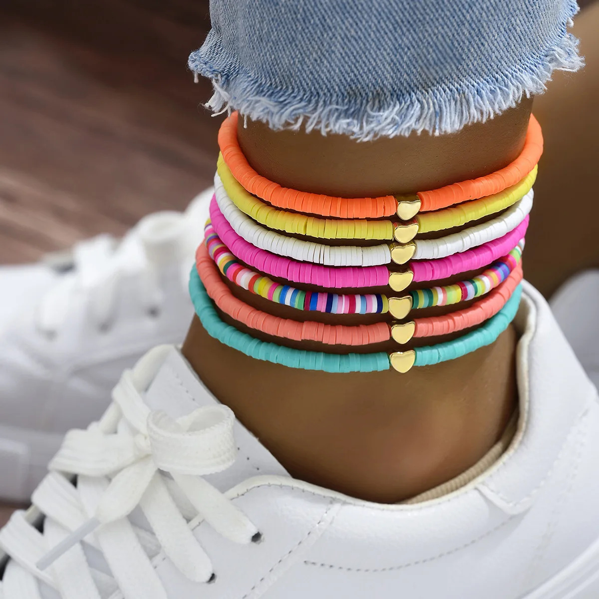 7Pcs Colorful Stackable Anklet Set For Women Heart Charm Soft Clay Pottery Layering Ankle Bracelet Girls Summer Beach Jewelry 250528